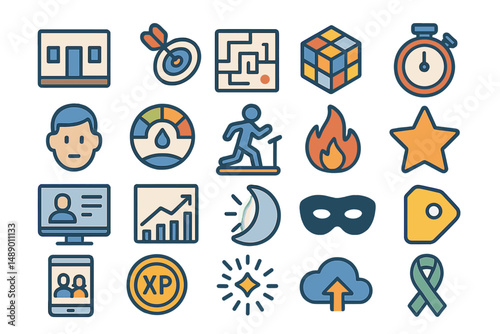 Collection of colorful icons representing various activities and concepts in a playful and engaging design