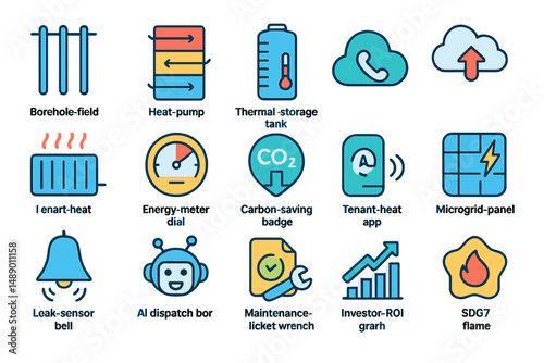 Icons representing renewable energy technologies and grid management tools in a modern energy system