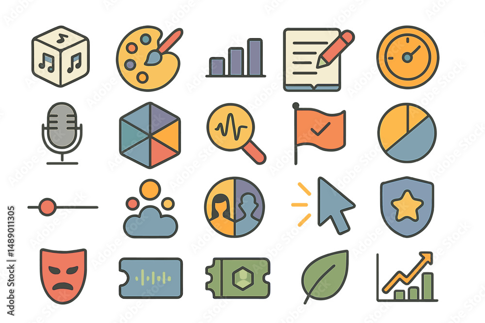 Colorful icons representing various activities and concepts related to creativity, entertainment, and data analysis Colorful icons representing various activities and concepts related to creativity, entertainment, and data analysis