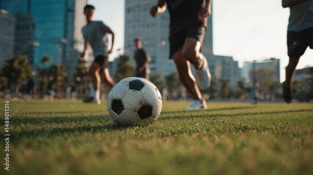 Fototapeta premium A soccer ball sits on the grass in the foreground, with blurry figures of young men playing soccer in the background. A sunny day with modern buildings visible.