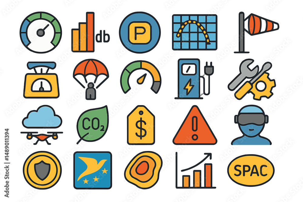 Various colorful icons representing technology, finance, and environmental themes for digital applications and design projects Various colorful icons representing technology, finance, and environmental themes for digital applications and design projects