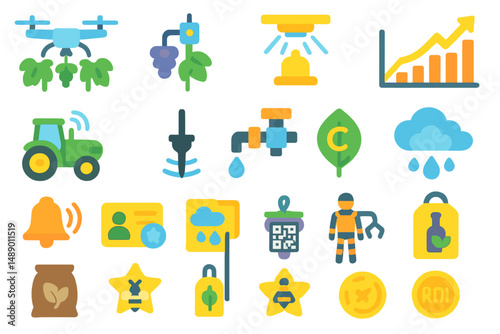 Colorful icons representing agricultural technology and smart farming practices in a digital design layout