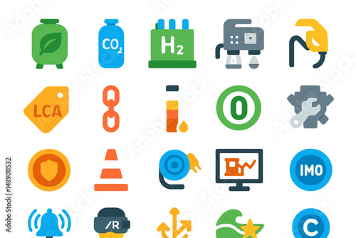 Colorful icons representing environmental themes and technologies in a modern graphic design layout