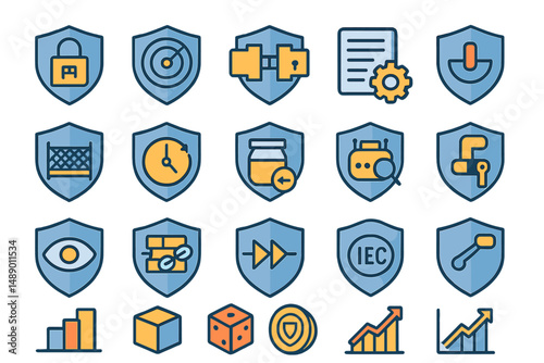 Variety of digital security icons on shields representing protection and technology in cybersecurity