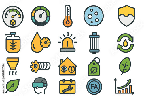 Colorful set of icons representing various environmental and technological concepts for educational purposes