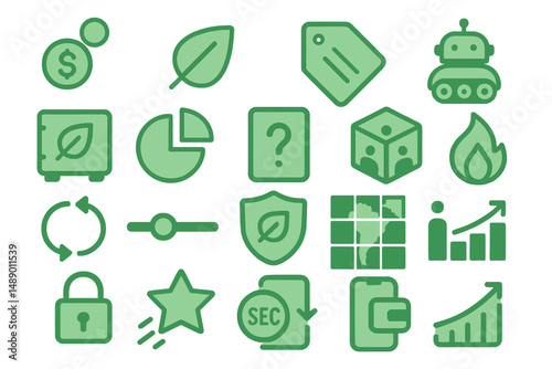 Minimalist green icons representing finance, technology, and sustainability on a light background
