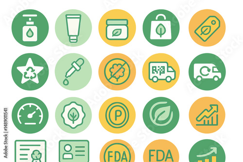Collection of eco-friendly product icons featuring various symbols representing sustainability and health awareness