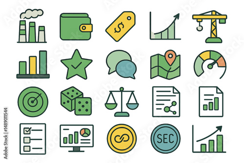 Business and finance icons representing growth, investment, and strategy in modern economic environments