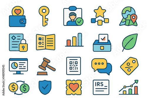Icons representing various concepts related to finance, security, communication, and data analysis in a colorful, modern style