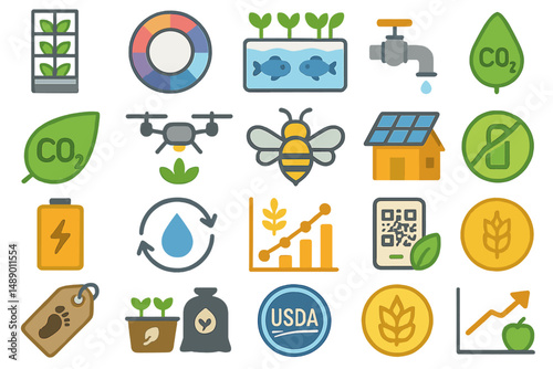 Illustrations of sustainable agriculture practices showcasing technology, resources, and eco-friendly solutions for farming