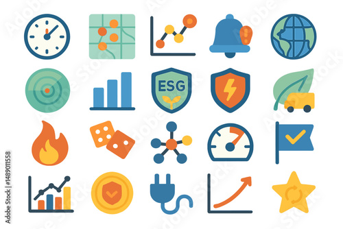 Colorful icons representing various concepts such as time, analytics, sustainability, and technology arranged in a grid layout