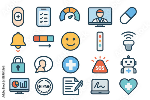 Health technology icons illustrating various medical services and patient care concepts in a user-friendly design