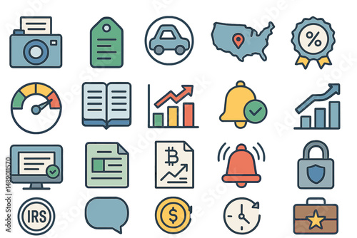 Collection of flat design icons representing various business and finance concepts on a light background