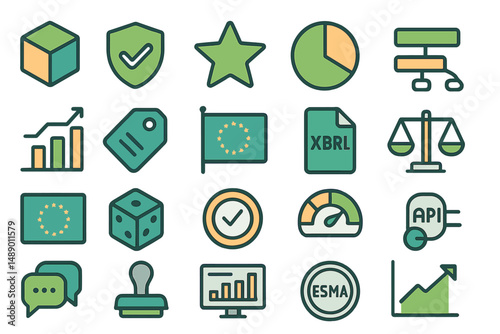 Collection of colorful icons representing analytics, regulation, and compliance in a digital environment