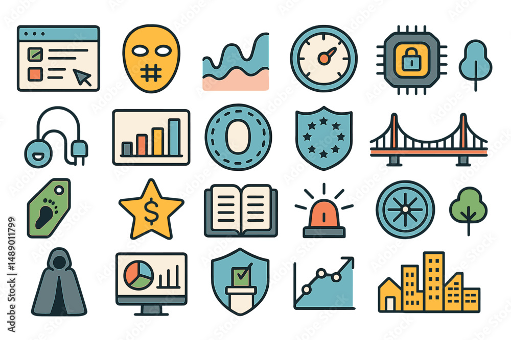 Diverse collection of modern icons representing technology, security, finance, and urban life in a vibrant and colorful style Diverse collection of modern icons representing technology, security, finance, and urban life in a vibrant and colorful style