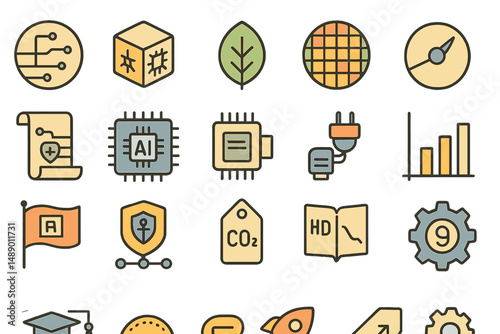 Collection of modern technology and eco-friendly icons arranged in a grid format showcasing innovation and data