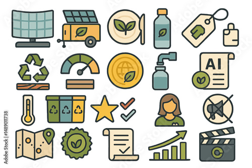 Icons representing sustainability and eco-friendly practices in a creative design arranged in a grid layout