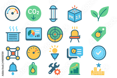 Visual symbols representing environmental data and sustainability metrics for monitoring air quality and eco-friendly practices