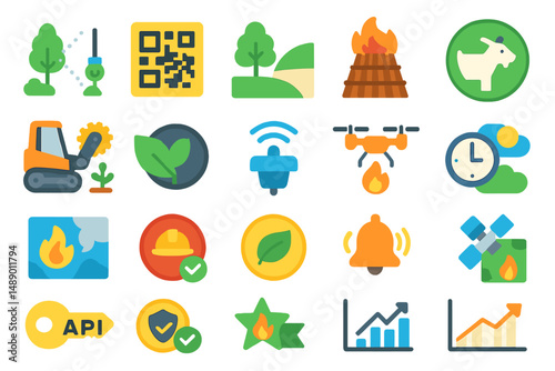 Collection of colorful icons representing agriculture, technology, and environmental themes