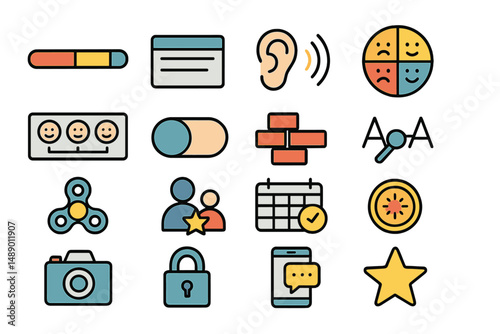 Colorful icons representing various concepts such as communication, emotions, and technology on a simple background