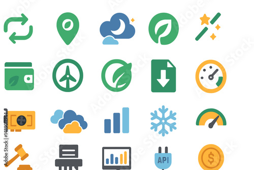 Icons representing various sustainable concepts, including energy, finance, and environmental awareness displayed in a colorful arrangement