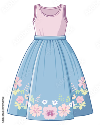 Sleeveless Dress with Blue Floral Skirt - Vector Illustration