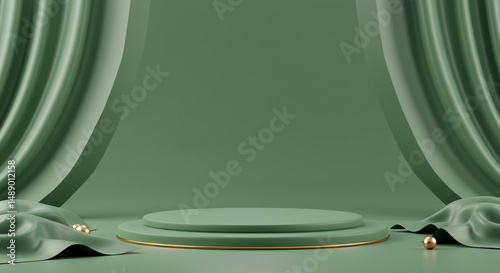 Serene sage green stage for elegant product display beneath cascading curtains with a gold trim on