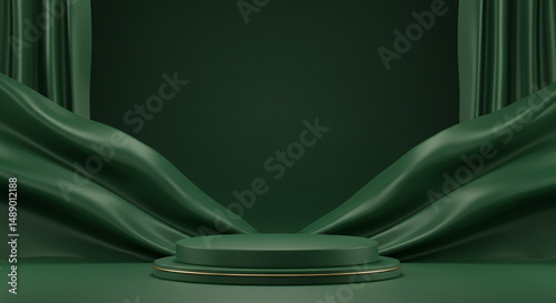 Elegant green stage presentation with flowing fabric backdrop ready for a product launch or