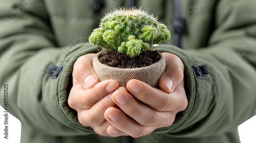 Hands holding small potted cactus plant