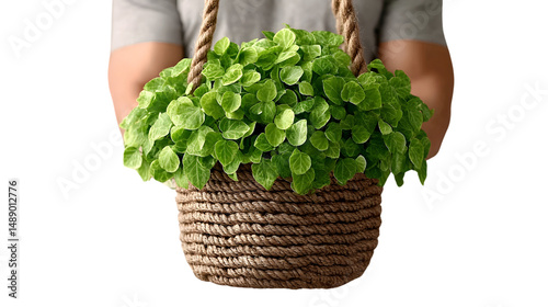Hanging Plant in Rope Basket Lush Green Foliage Home Decor