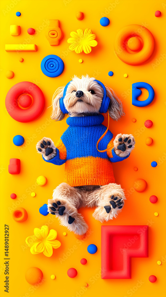 Obraz premium A fluffy dog in a sweater and headphones lies on a vibrant yellow background surrounded by colorful, 3D geometric shapes and floral elements