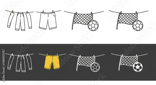 Laundry Day Soccer Clothesline Art Featuring Clothing Sports Equipment Line Drawing Vector Graphic