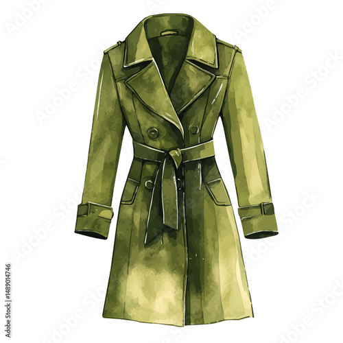 watercolor of Tailored Trench Coat With A Wide Collar, vector high quality, isolated on a white background.
