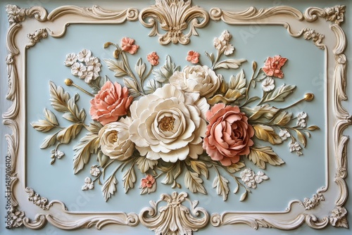 Ornate floral design in pastel colors within a decorative frame.