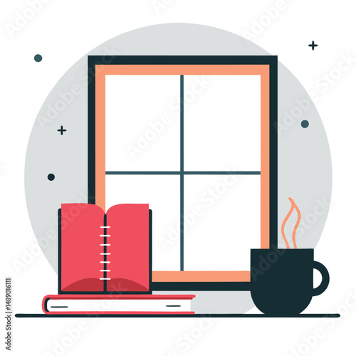 Cozy Ambiance: Illustration of a Window with a Book, Coffee, and Peaceful Atmosphere