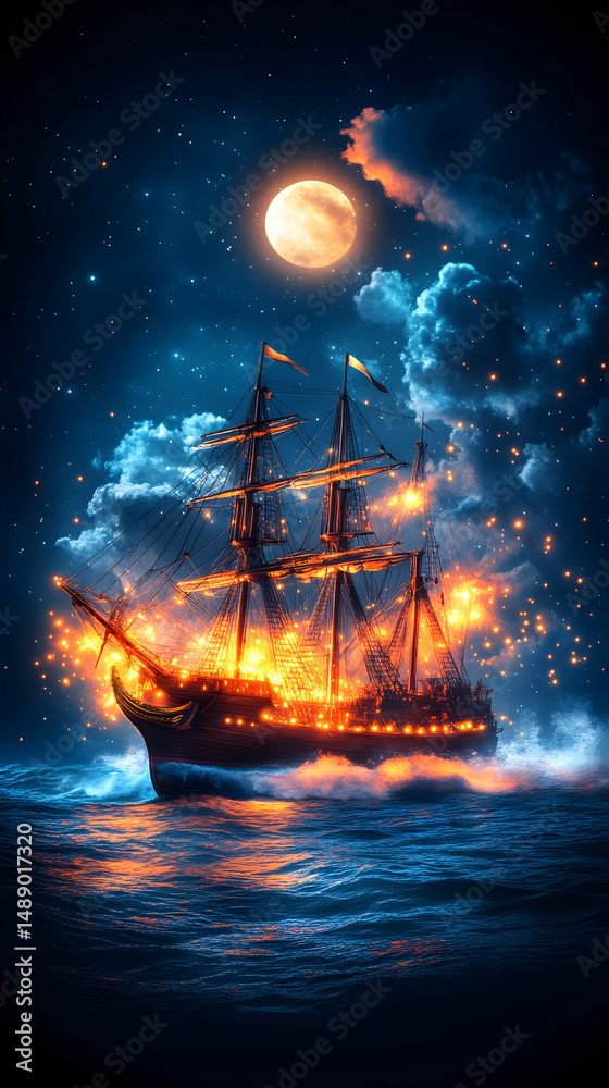 Obraz premium A majestic galleon, ablaze with ethereal fireflies, sails under a full moon across a dark, turbulent sea, amidst swirling clouds and a starry night