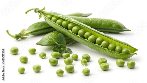Perfect green peas in pod isolated on white background.