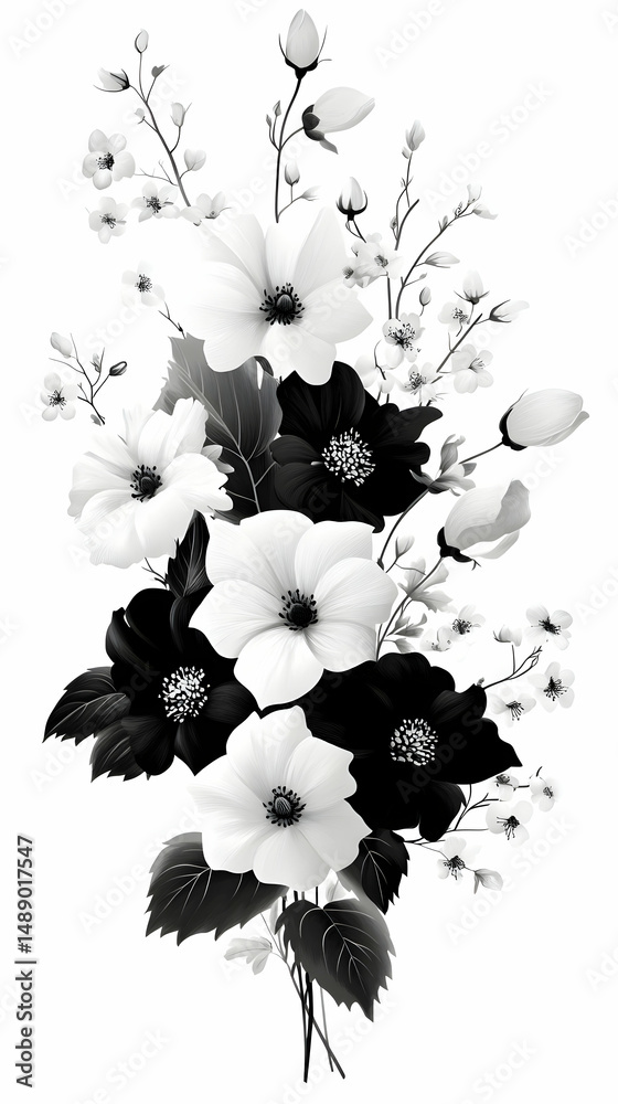Naklejka premium Monochrome floral arrangement featuring various blossoms and buds in shades of grey, black, and white, with detailed leaves and stems