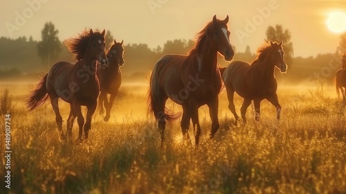 Fototapeta Naklejka Na Ścianę i Meble -  Horses running in a golden meadow at sunrise