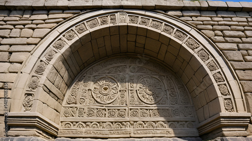 Fortress wall embrasure with intricate stone carvings, historic site, fortress wall