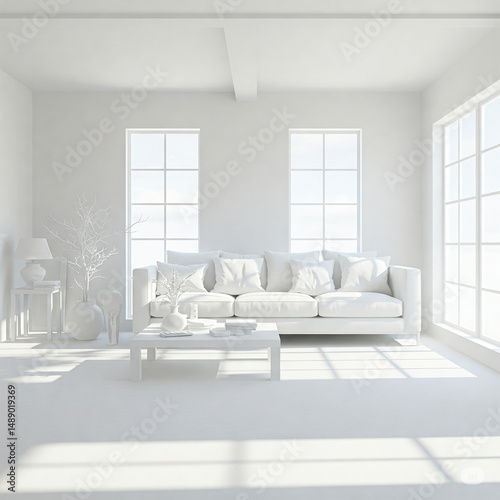 A bright white minimalist room interior with large windows allowing natural light to flood the space. The room is spacious and uncluttered, creating a serene, open atmosphere.,modern interior design