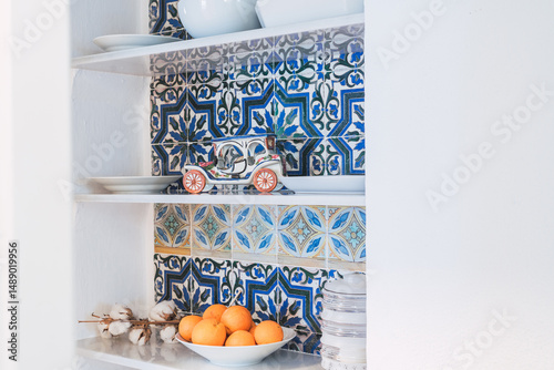 Classic andalusian shelf decorations. Azulejo.
