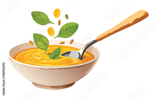 healthy Vegetable Soup and Ladle - Vector Illustration