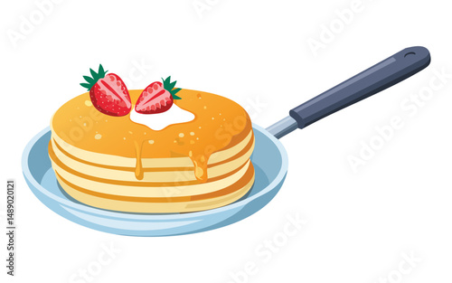 Strawberry Pancakes in Pan - Vector Illustration