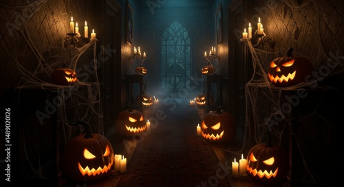 A dimly lit, gothic hallway with glowing jack-o'-lanterns and candles, creating a spooky atmosphere.