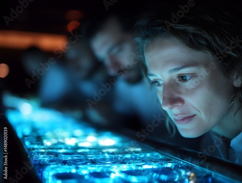Mysterious Blue Light: A woman and a small group of people observe a series of glowing objects that exude an enigmatic blue light in a dimly lit, mysterious setting. photo