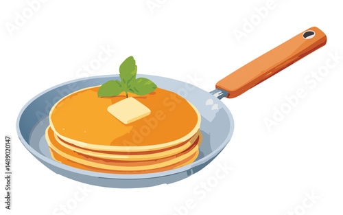 Pancakes with Butter on Frying Pan - Vector Illustration