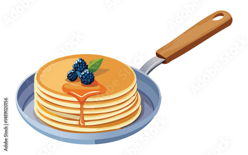  Pancake Stack with Blueberry Topping in Frying Pan - Vector Illustration
