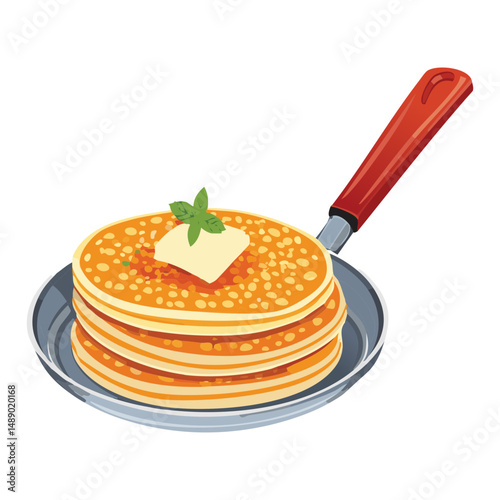 Stack of Pancakes with Butter Garnish on Pan - Vector Illustration