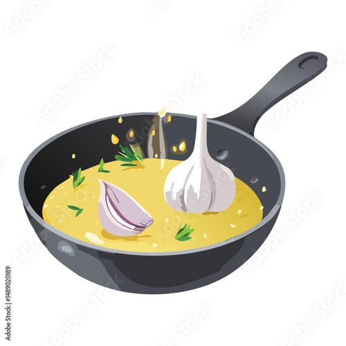 Garlic and Herbs in Frying Pan - Vector Illustration
